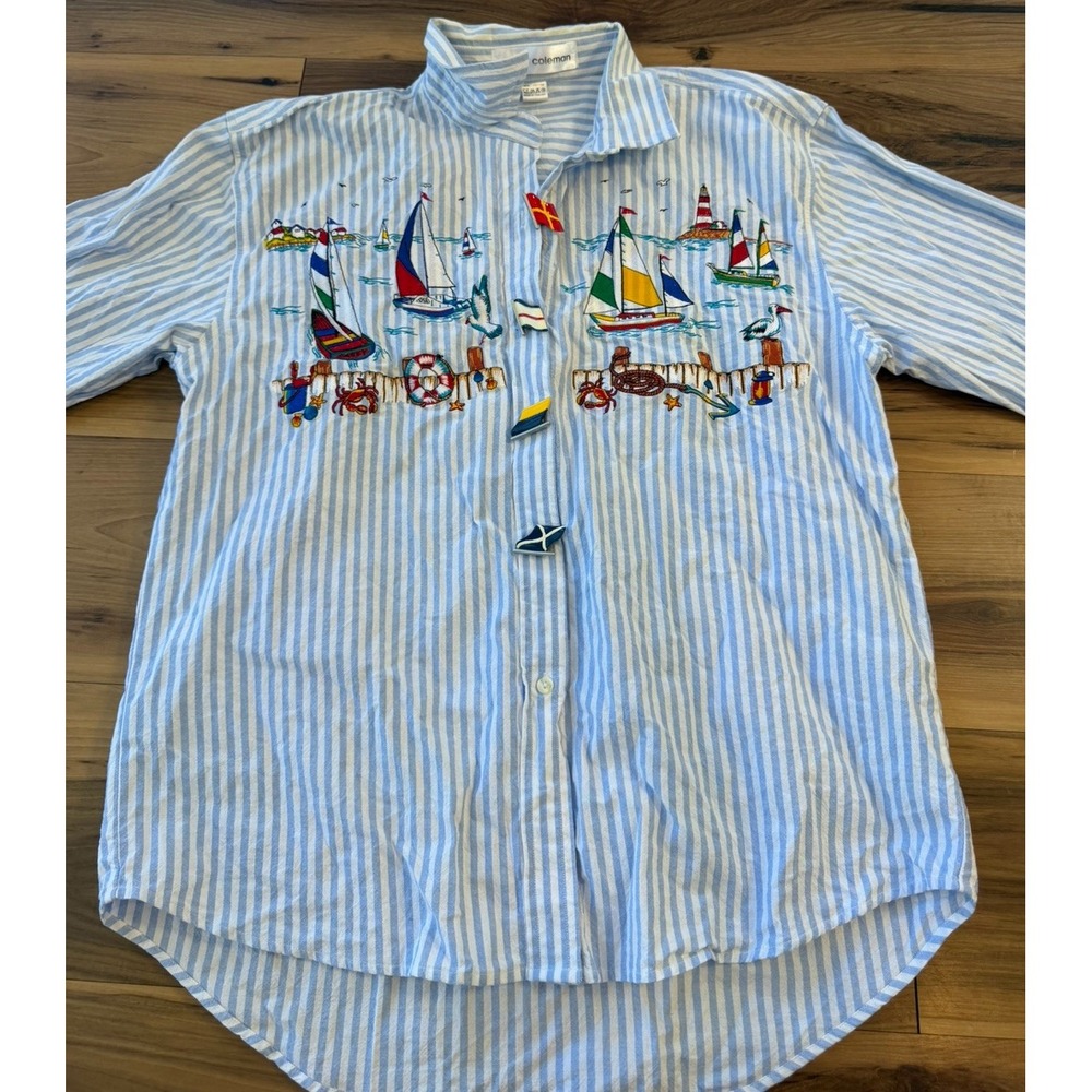 Vtg Casey Coleman Nautical Sailboat Embroidered Blue White Stripe Button Shirt
